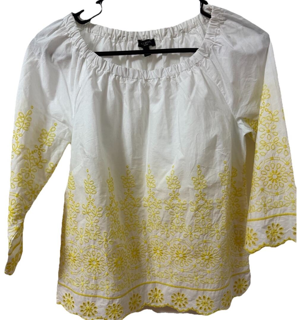TALBOTS Women’s White Yellow Embroidered Floral Eyelet 3/4 Sleeve Blouse Petite